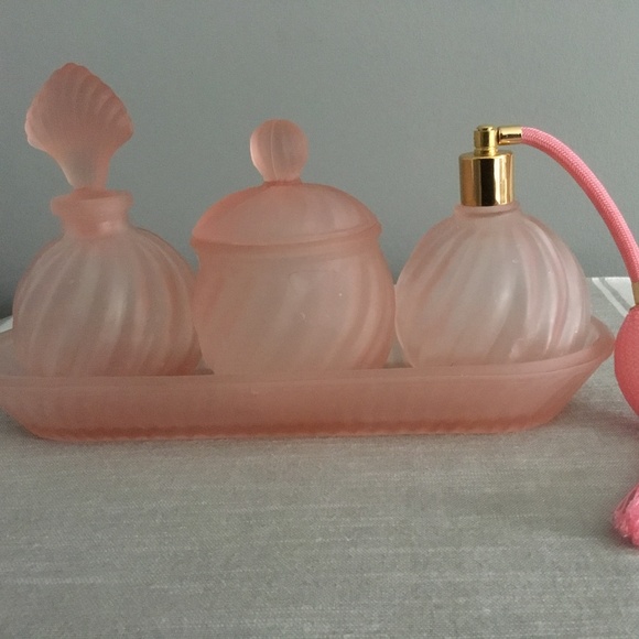 Shabby chic pink frosted swirl glass perfume vanity tray NEW vintage 1970’s - Picture 2 of 5